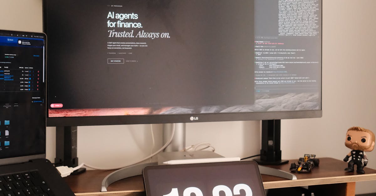 A modern home office setup with PC, monitor, keyboard, and clock display.