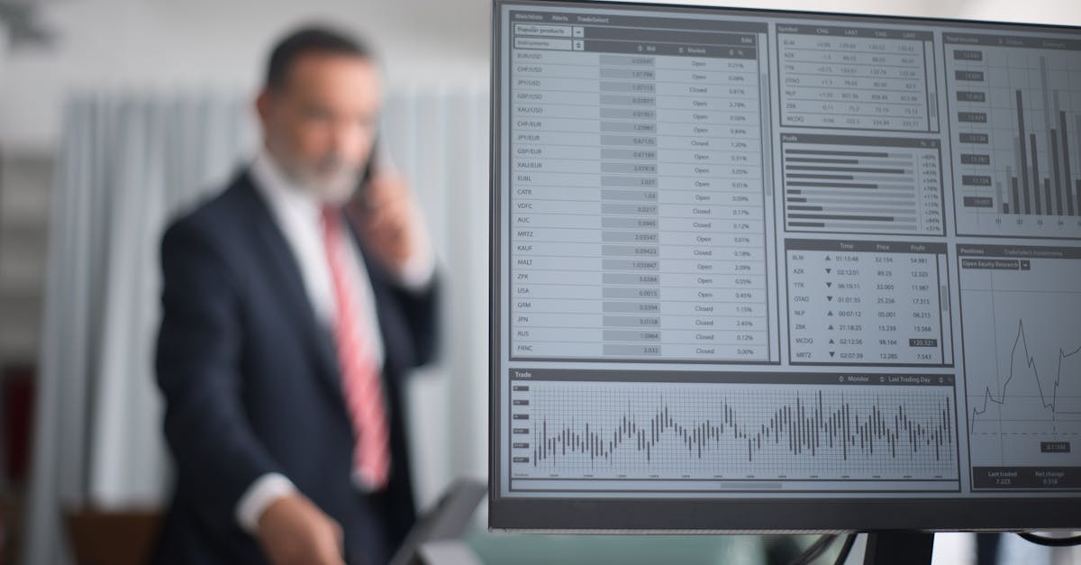 Professional analyzing financial and stock market data on a computer screen in an office setting.