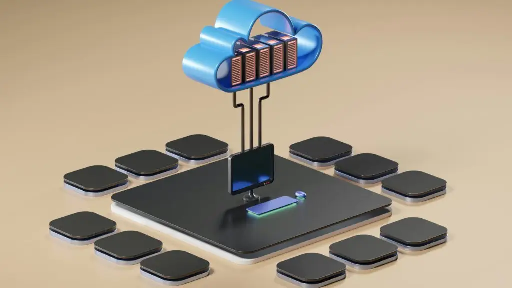 Cloud VoIP infrastructure and AI business communications network illustration